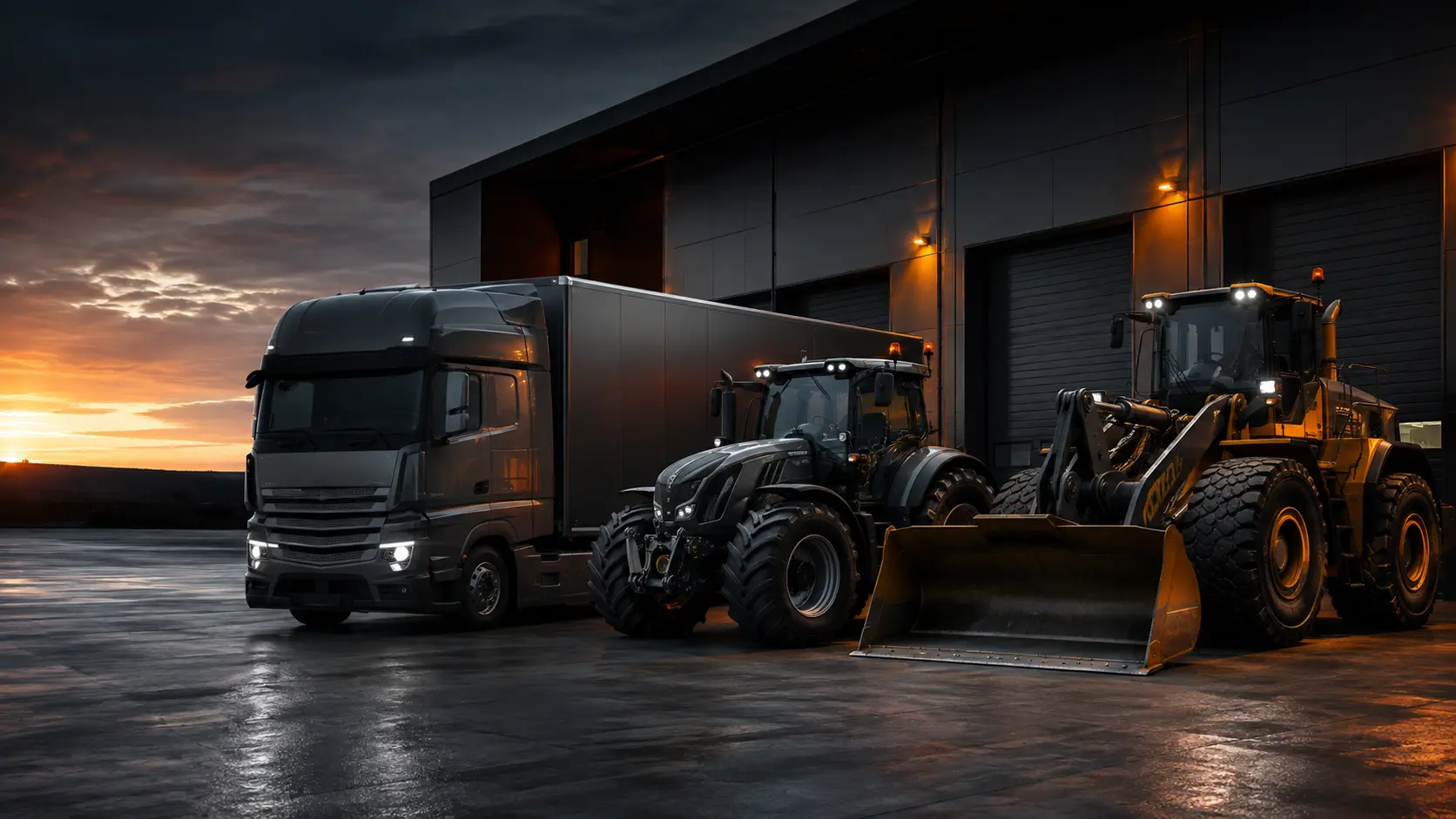 Lkw, Traktor und Radlader nebeneinander