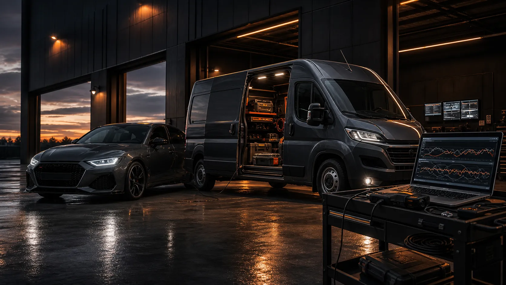 Pkw und Transporter vor der Halle mit Diagnosetechnik